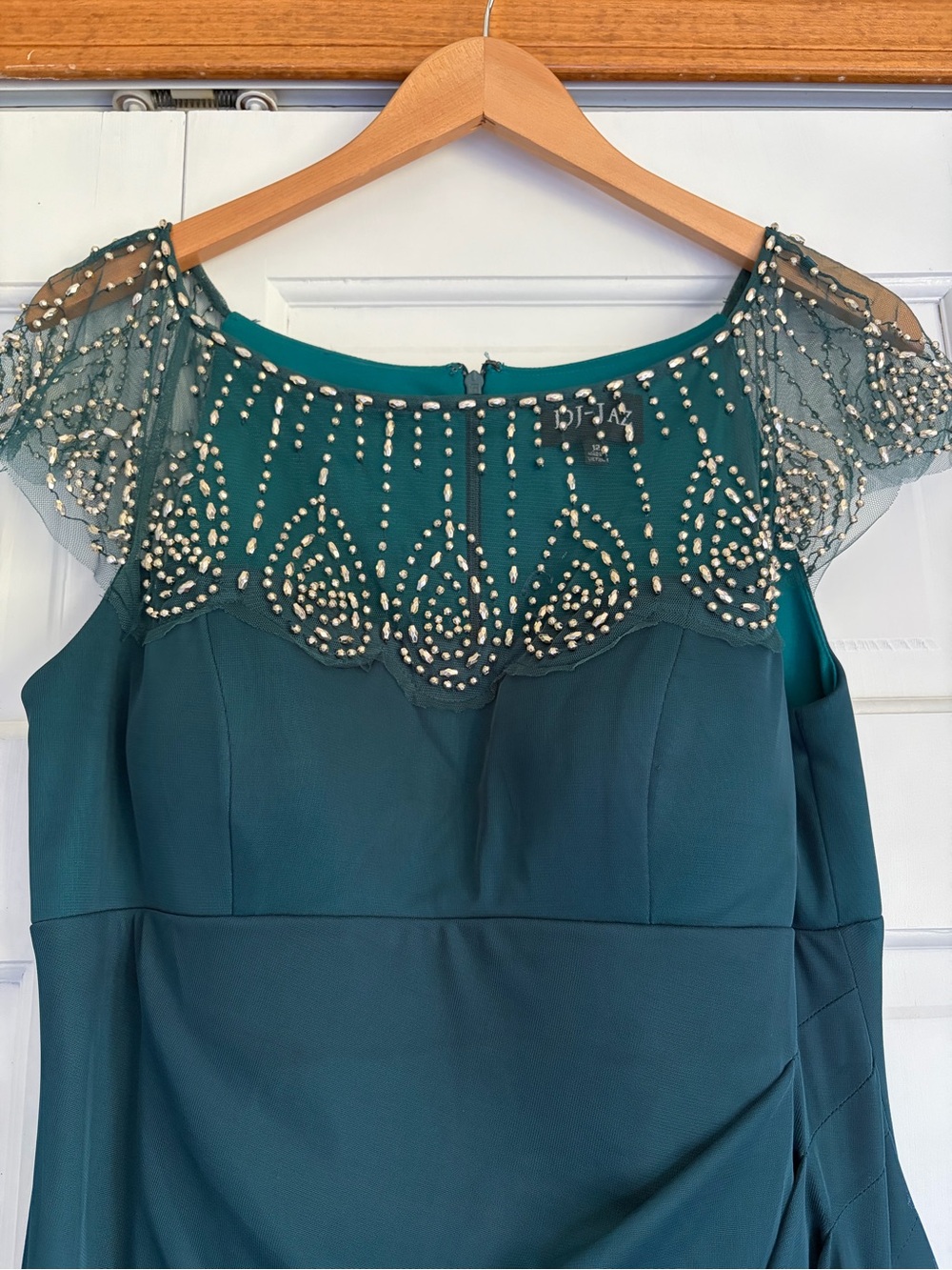DJ-JAZ Embellished Teal Green Maxi Evening Dress with Scalloped BeadedYoke SZ 12 - Picture 4 of 12